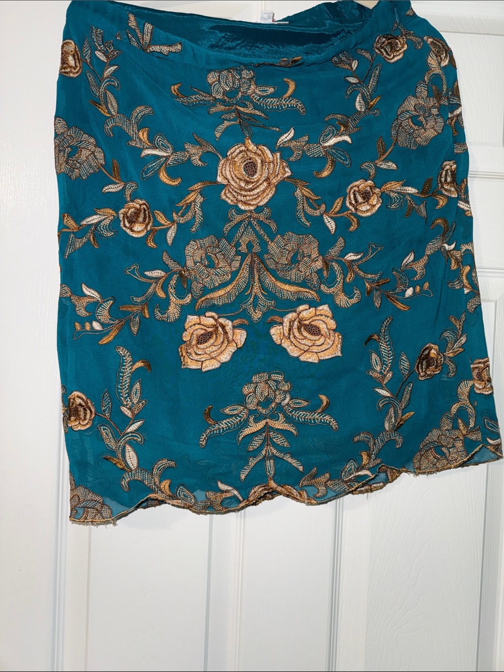 Baraschi Teal Satin Dress with Pink Ribbon Detail